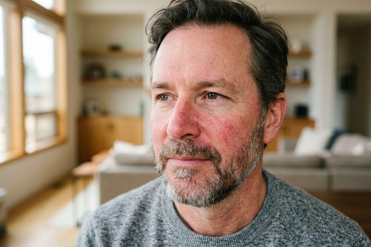 Close-up of an adult with a beard and redness on the cheeks and nose, looking off to the side in a living room.