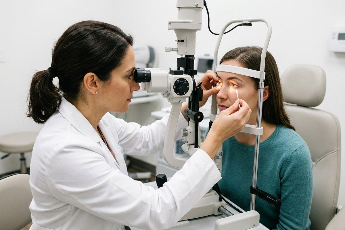 Optometrist examines a patient's eye using a slit lamp in an exam room.