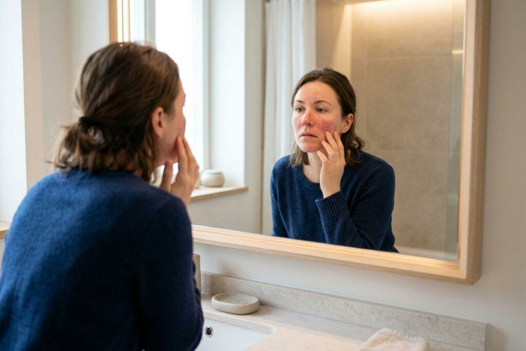 Person in blue sweater examining redness on their cheek in a bathroom mirror, touching their face.