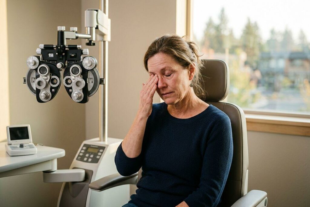 Person rubbing one eye while seated in an optometry exam chair beside a phoropter.
