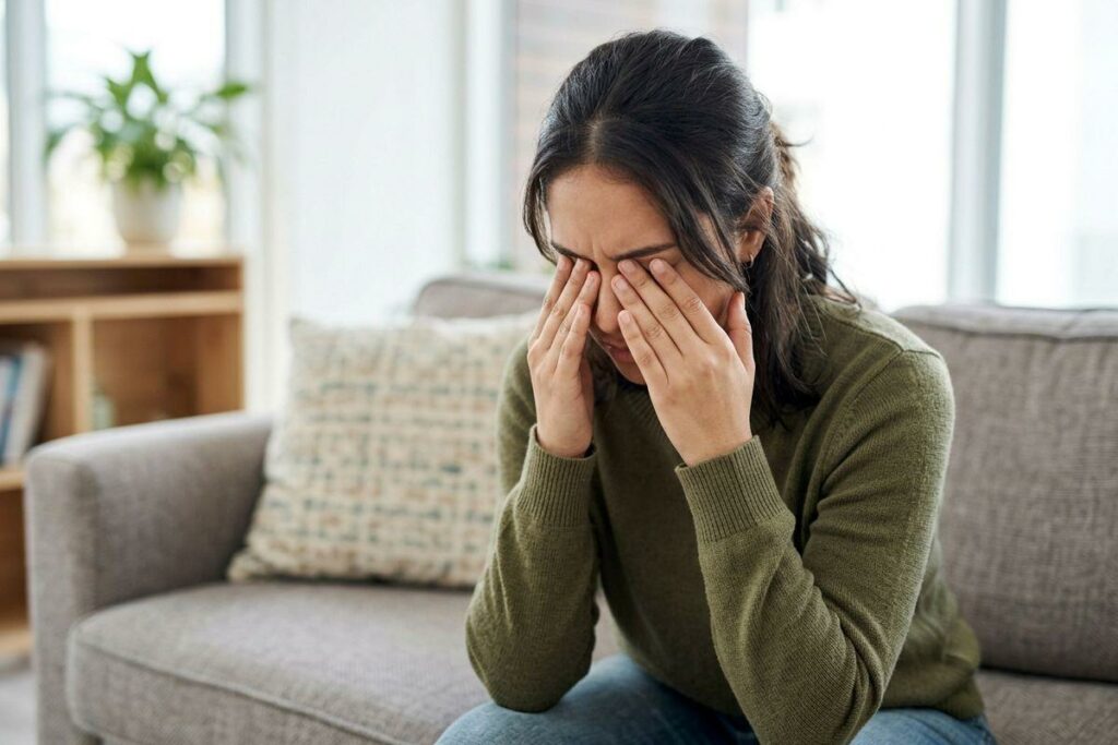 Person in green sweater sitting on a couch, rubbing both eyes with hands, looking distressed.