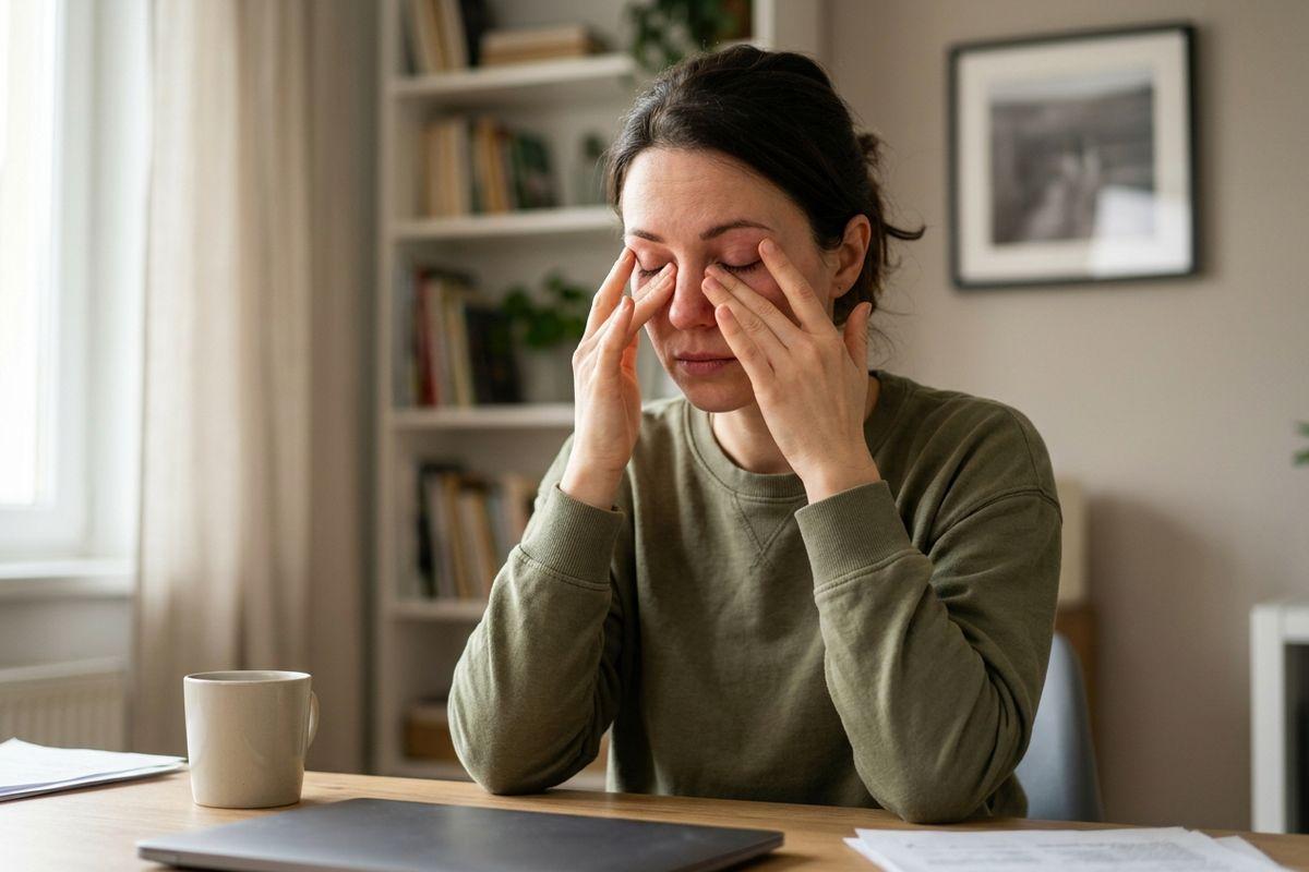 Person rubbing both eyes while sitting at a desk with a laptop, mug, and papers at home.